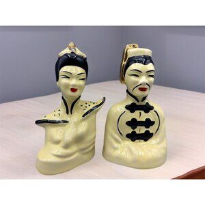 Vtg MCM Asian Ceramic Figurine Bust Pair Yellow Gold Accents‎